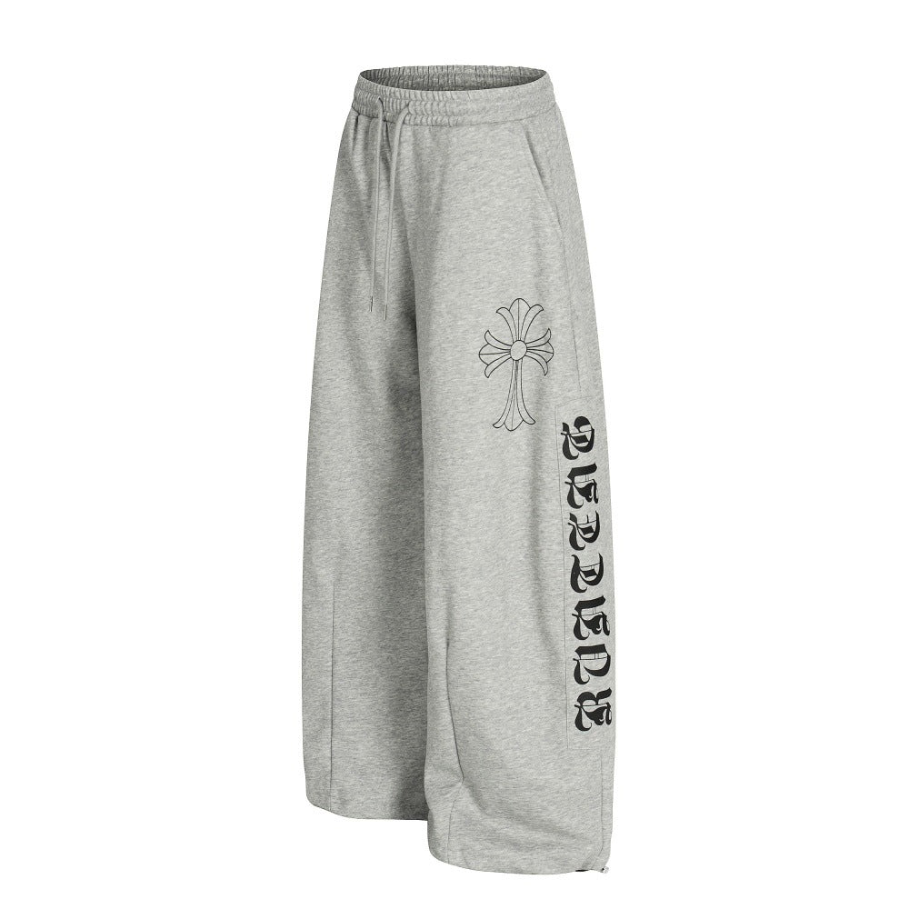 Women's Letter Print Wide Leg Pants | Drawstring Waist, Pink & Gray
