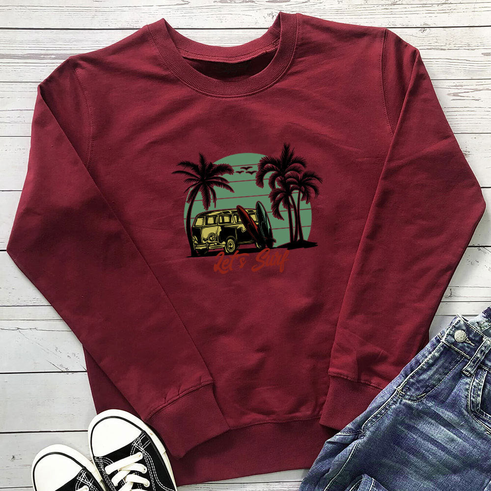 Bus Print Graphic Sweatshirt for Women | Loose Cotton Crewneck
