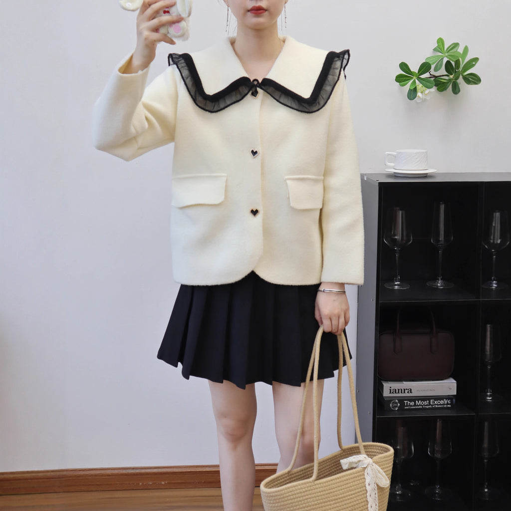 Women's Doll Collar Heart Pattern Jacket | Single-Breasted, One Size