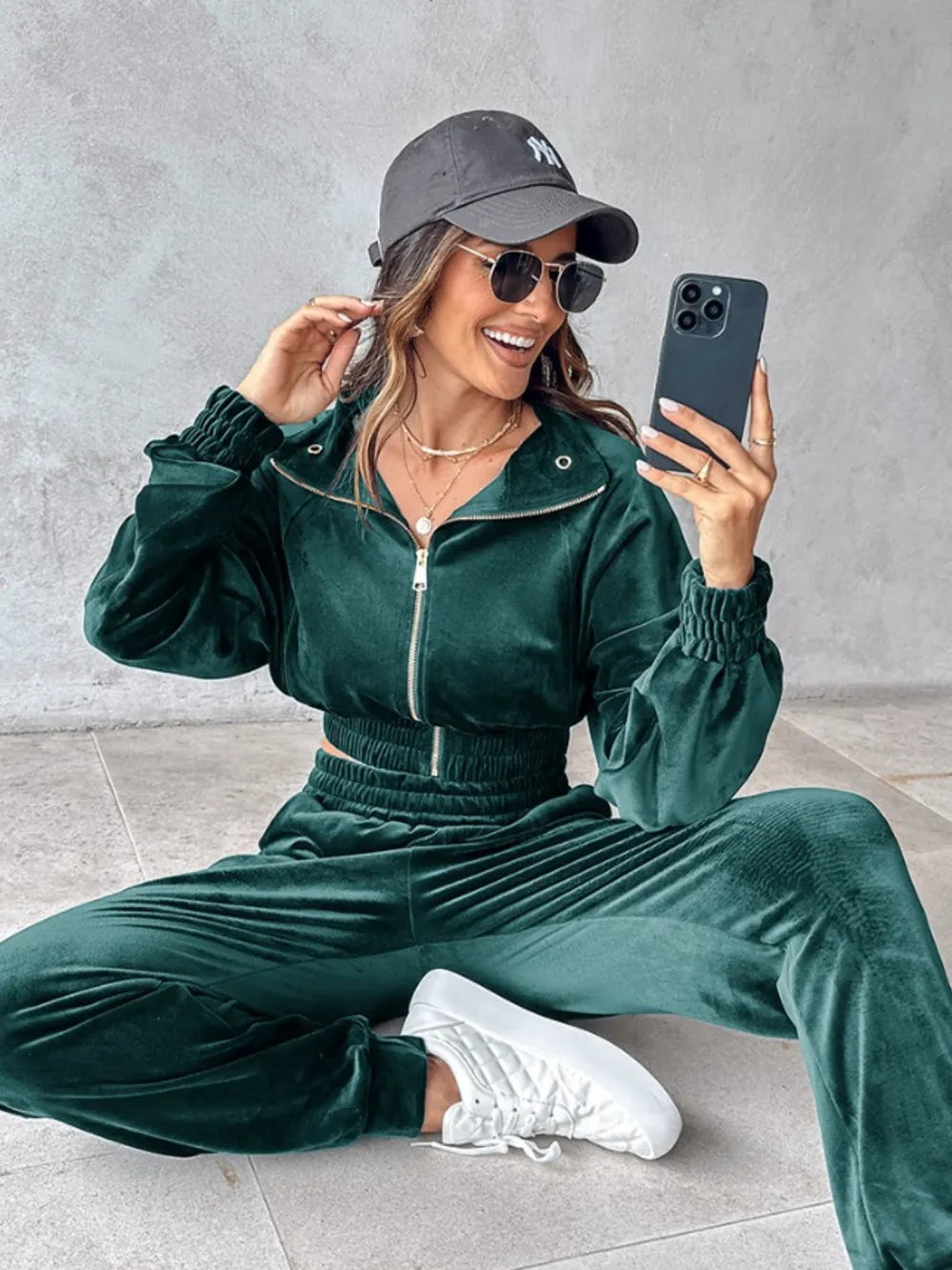 Zip Up Long Sleeve Cropped Top and Joggers Set - Burgundy