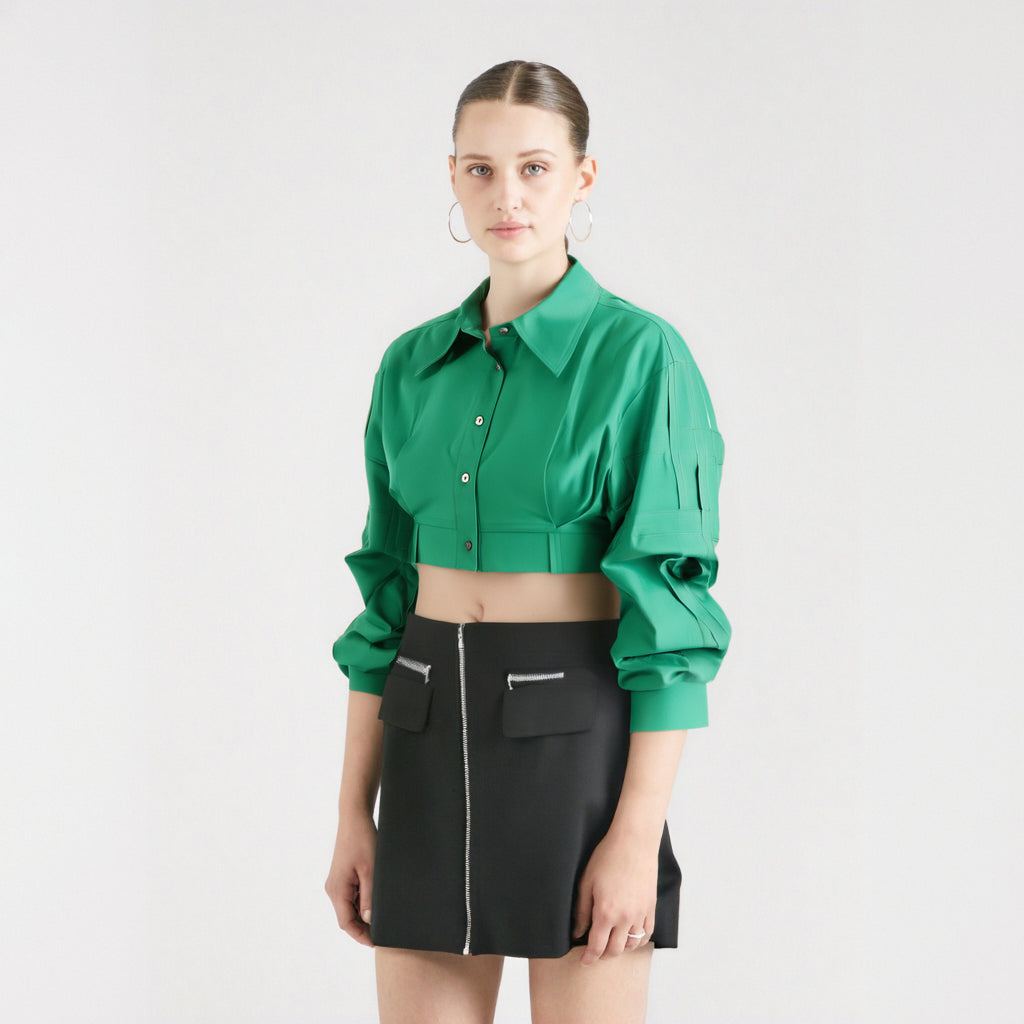 Women's Green Patchwork Short Shirt Top | Cotton, Long Sleeve