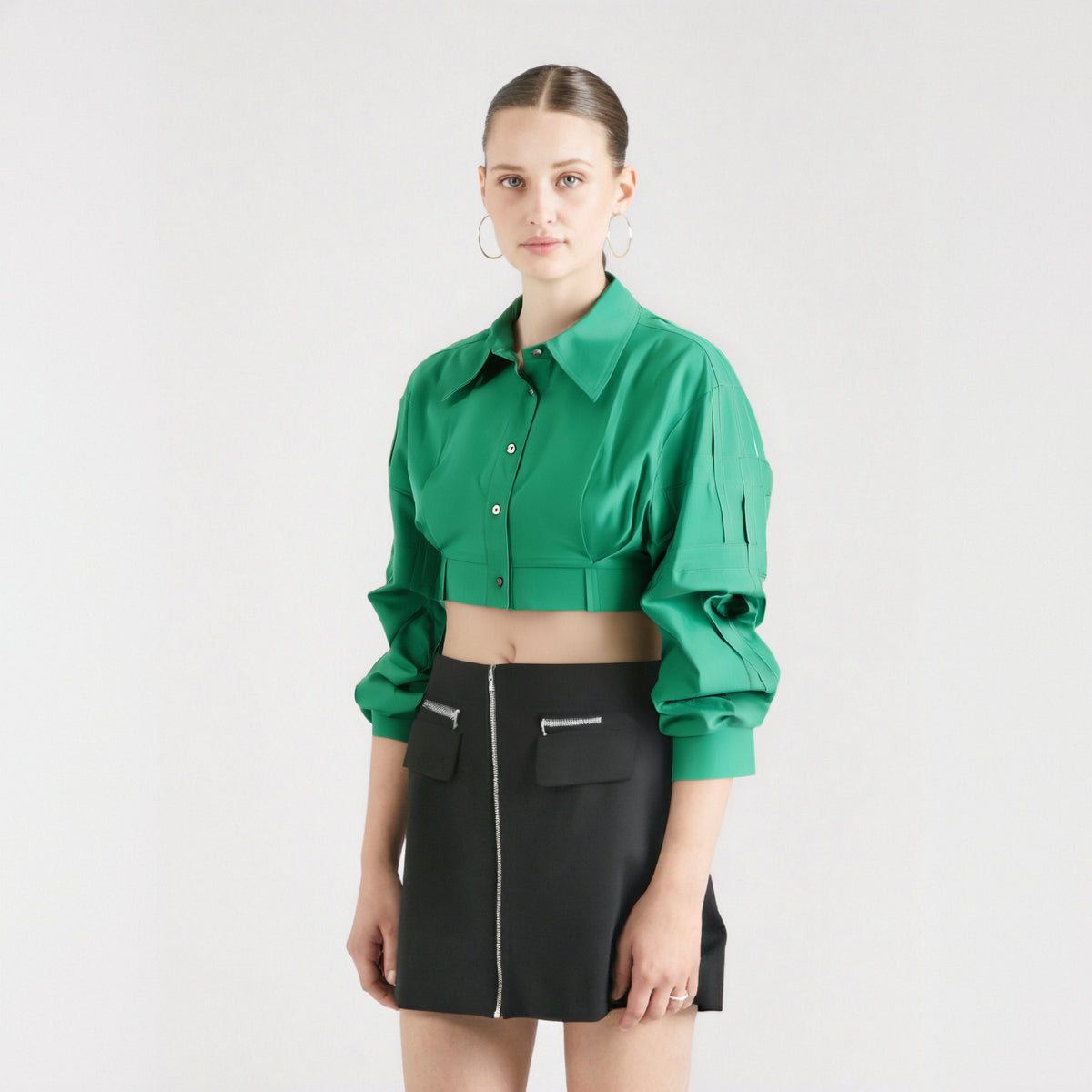 Women's Green Patchwork Short Shirt Top | Cotton, Long Sleeve