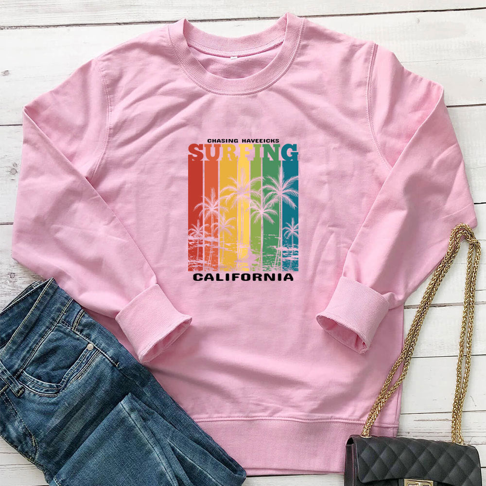Women's Printed Crewneck Hoodie | Loose Cotton Pullover, 7 Colors