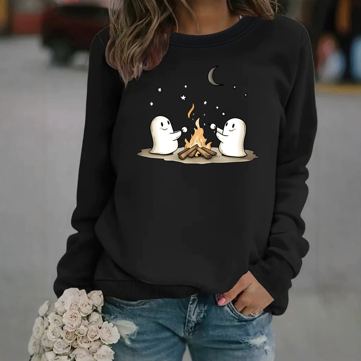 Printed Round-Neck Fleece Hoodie for Women - Black