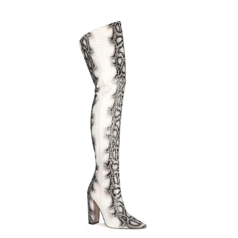 Women's Snake Print Over-the-Knee Boots | 11cm Thick Heel