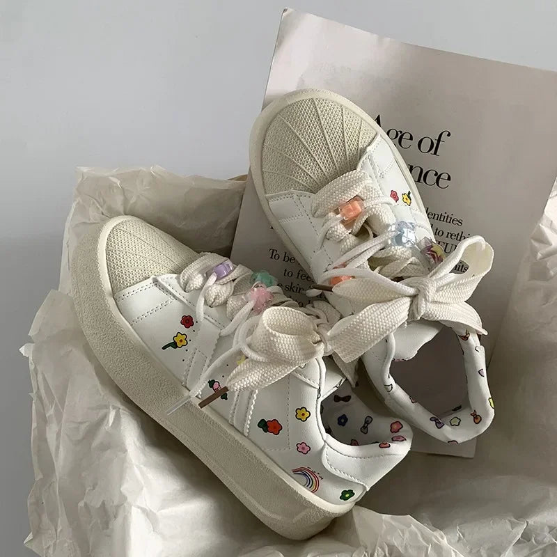 Women's White Chunky Platform Sneakers | Lace-Up, PU Upper