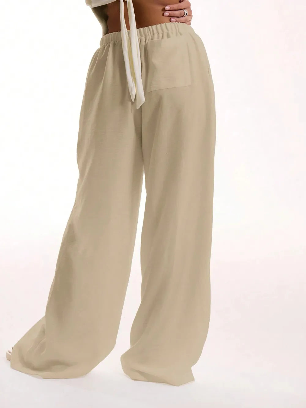 Women's Drawstring Wide Leg Pants | Pockets, 4 Colors - Beige