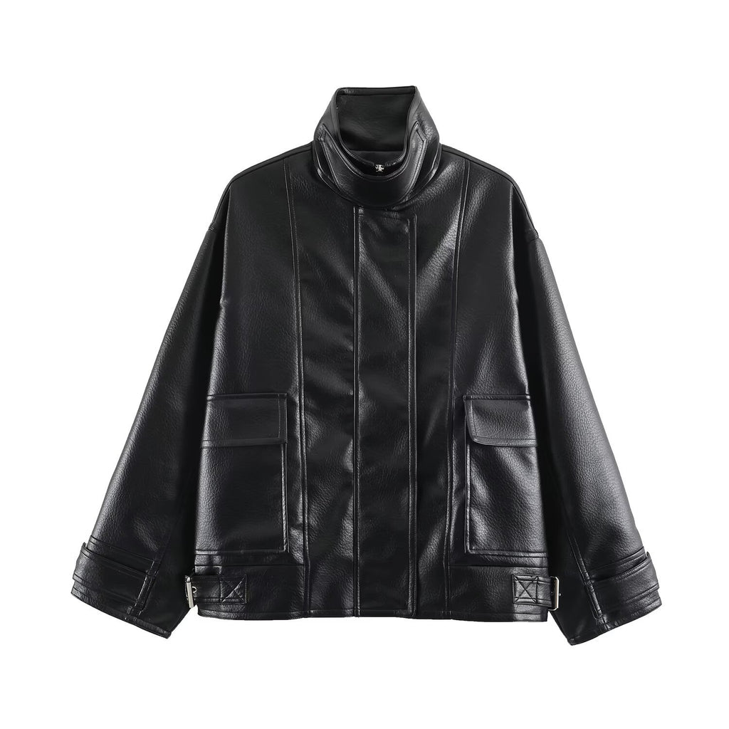 Women's Faux Leather Zip Jacket | Stand Collar, Pockets, Black