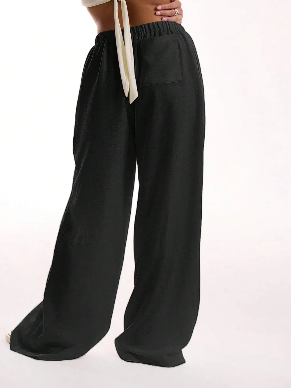 Women's Drawstring Wide Leg Pants | Pockets, 4 Colors - Black