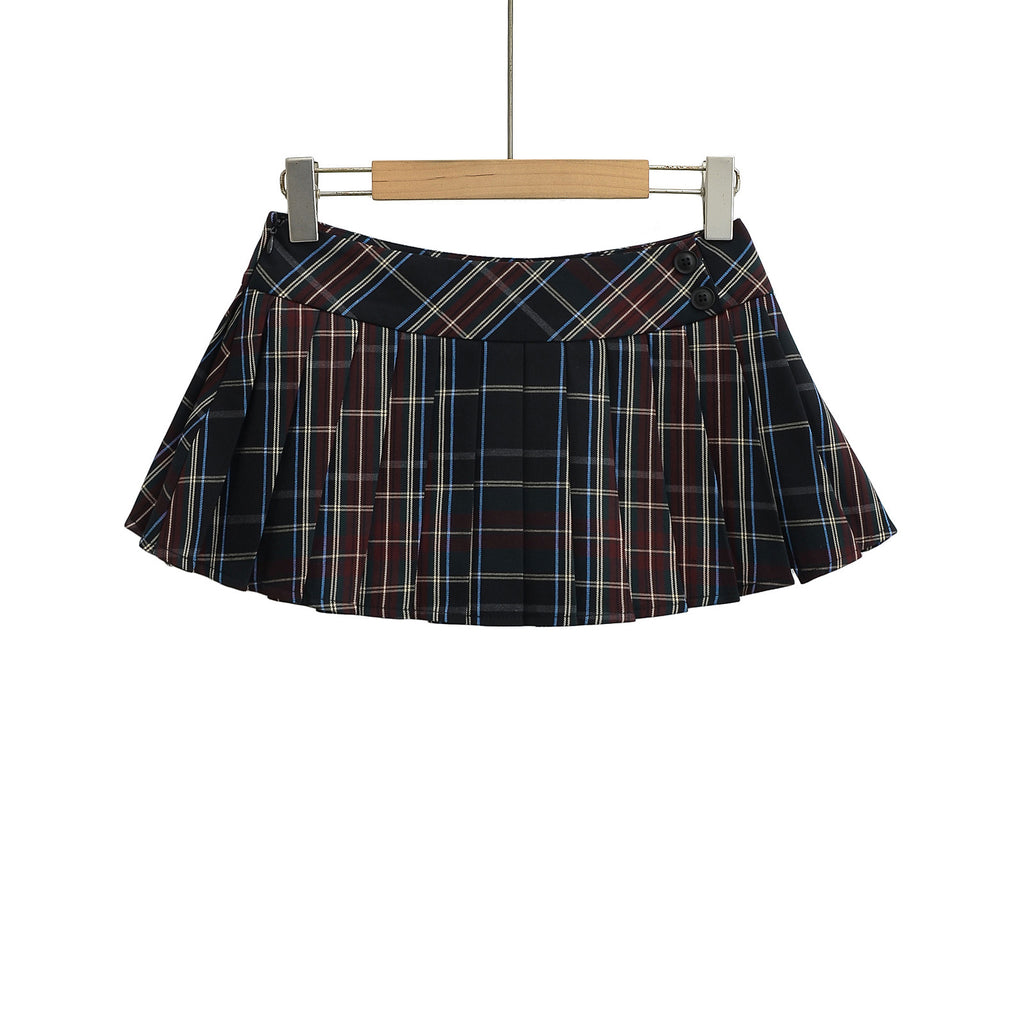 Women's Plaid Pleated Split Mini Skirt | Polyester Spandex