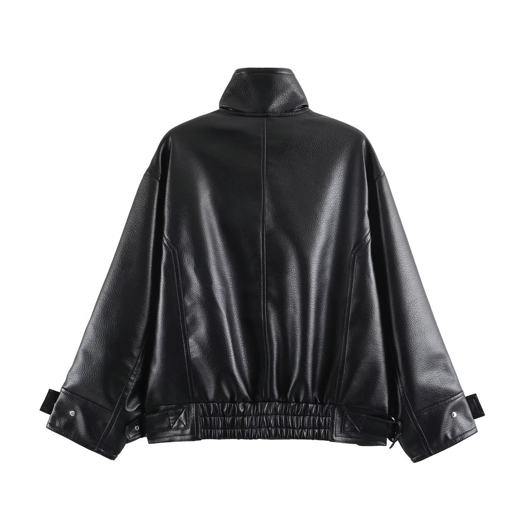 Women's Faux Leather Zip Jacket | Stand Collar, Pockets, Black
