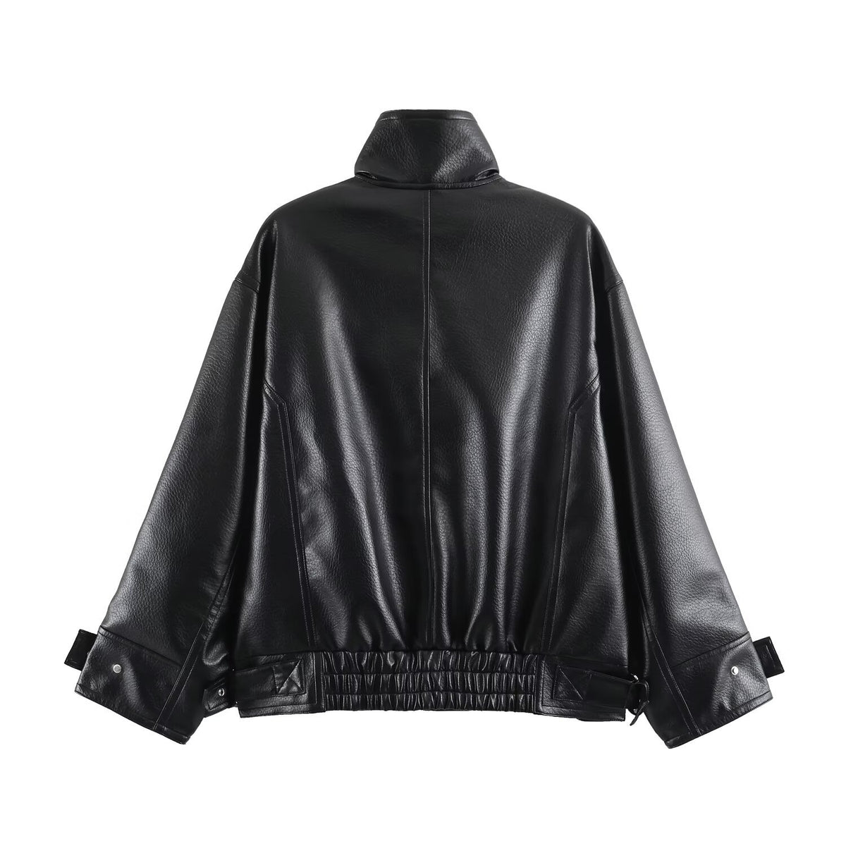 Women's Faux Leather Zip Jacket | Stand Collar, Pockets, Black