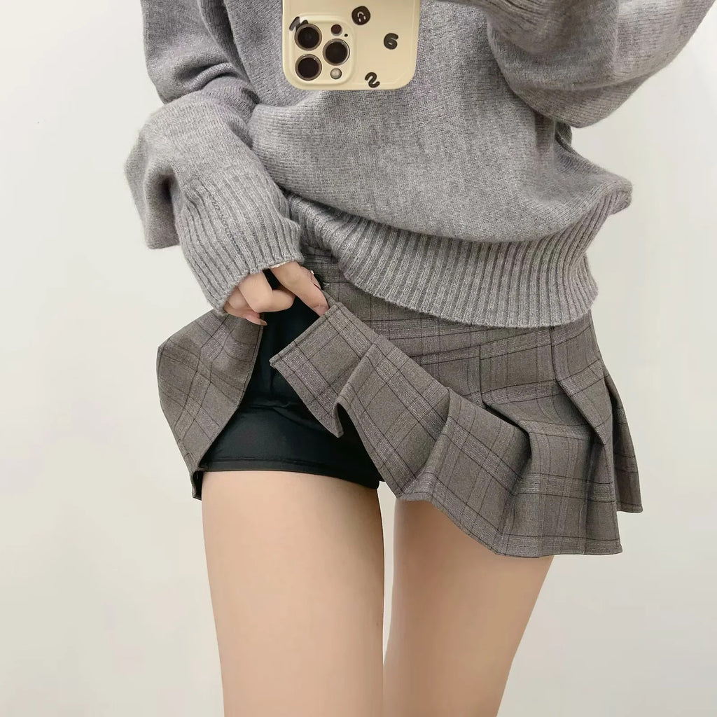 Women's Plaid Pleated Mini Skirt | Denim, Black & Gray or Gray - Black and Gray