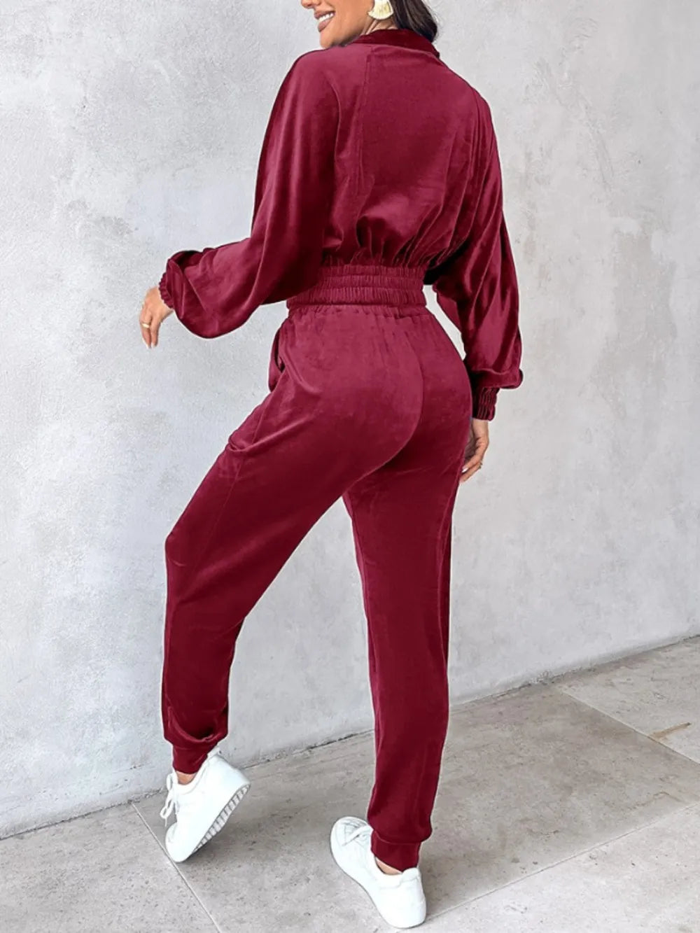 Zip Up Long Sleeve Cropped Top and Joggers Set - Black