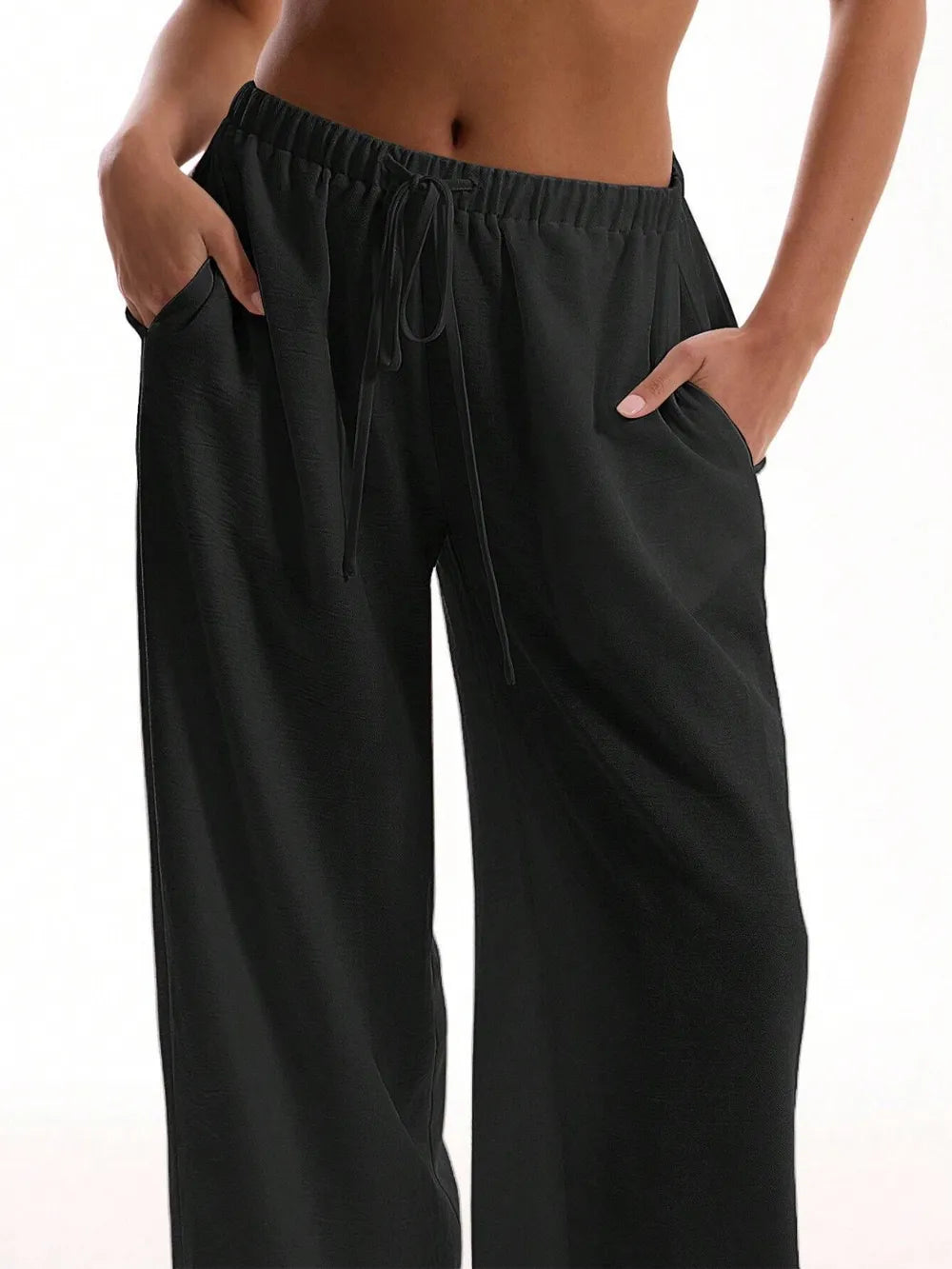 Women's Drawstring Wide Leg Pants | Pockets, 4 Colors - Beige