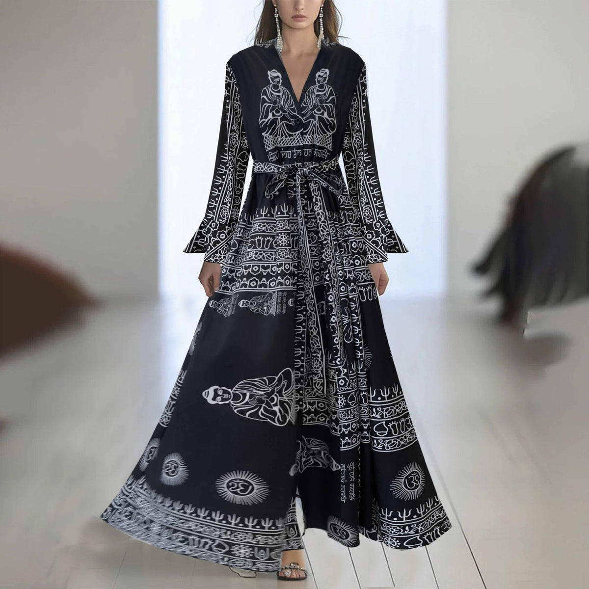 Women's Floral Print Long Sleeve Maxi Dress | A-Line, 10 Colors - Red