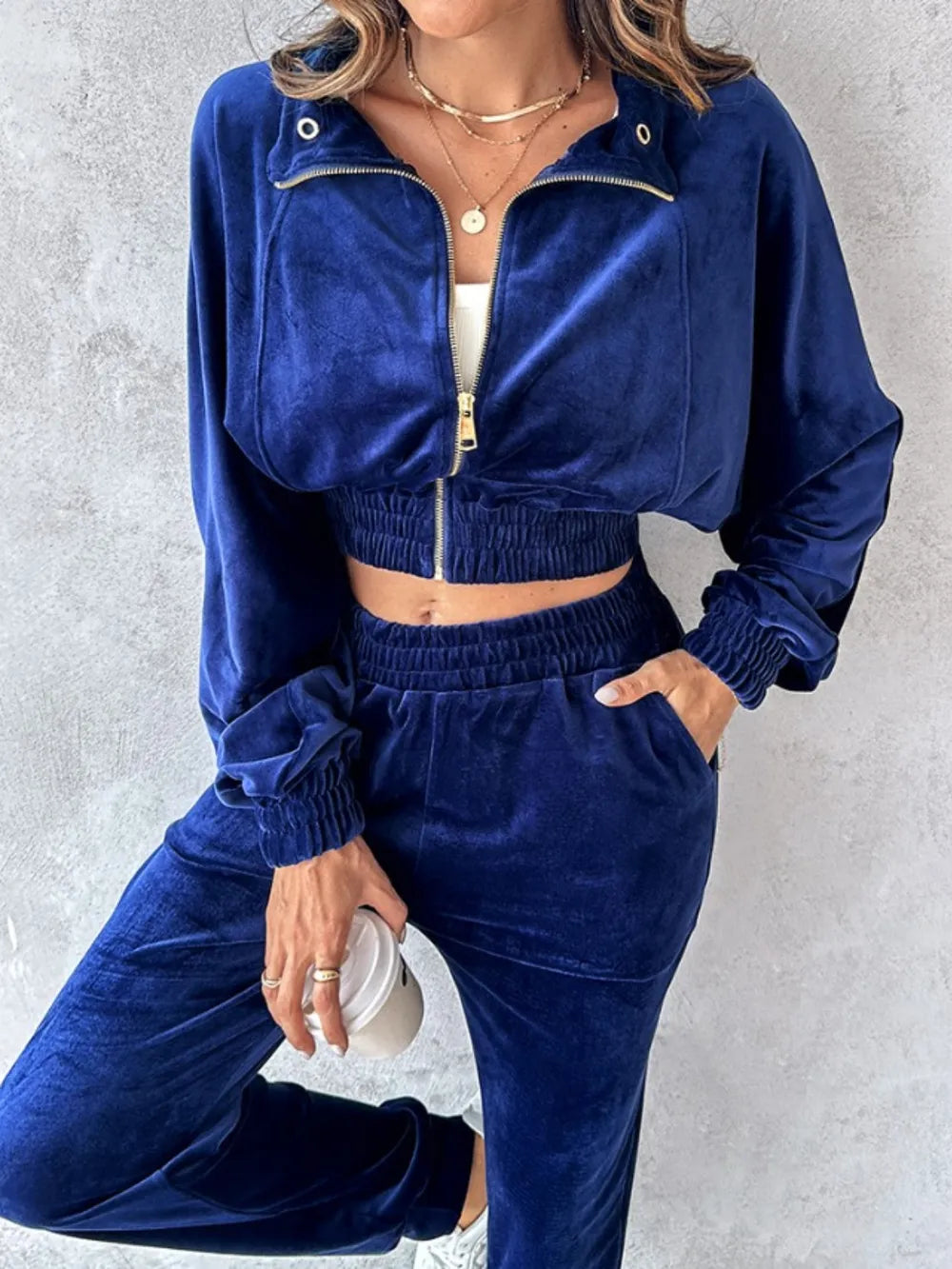 Zip Up Long Sleeve Cropped Top and Joggers Set - Black