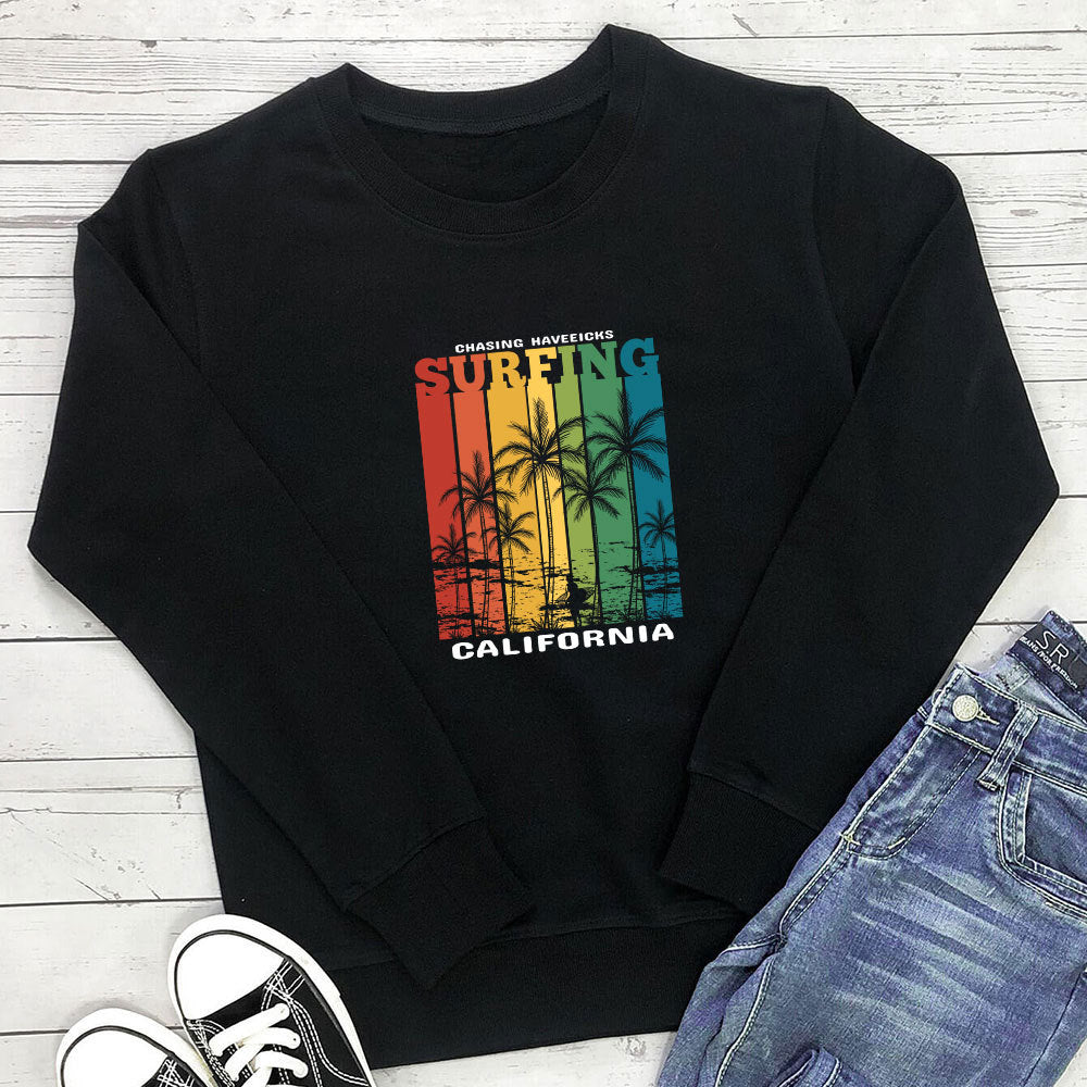 Women's Printed Crewneck Hoodie | Loose Cotton Pullover, 7 Colors