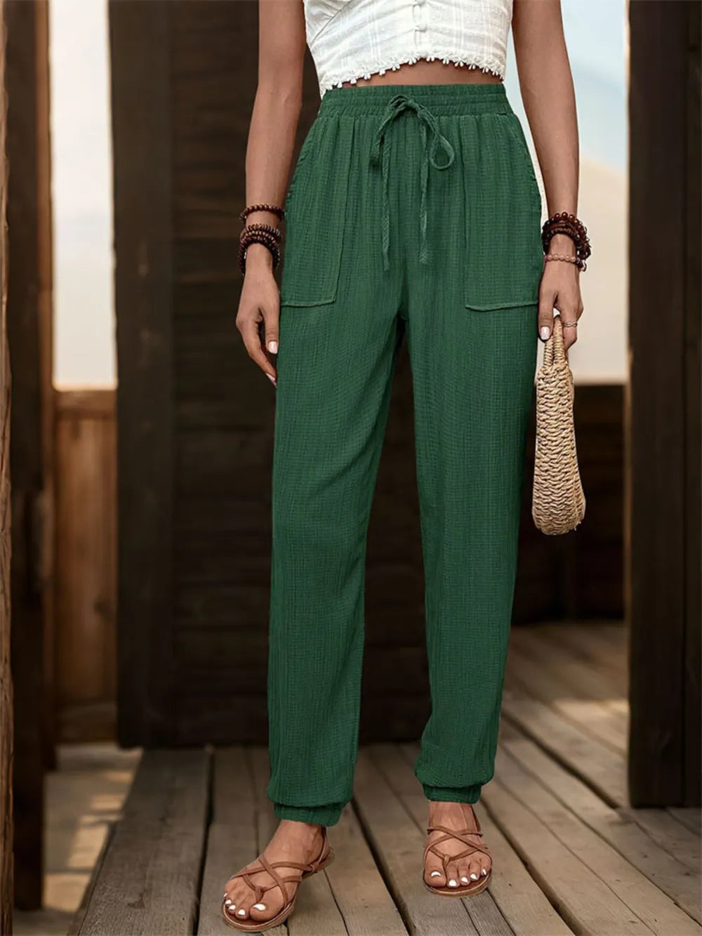 Women's Textured High Waist Joggers | Drawstring, Pockets, 5 Colors - Dark Green