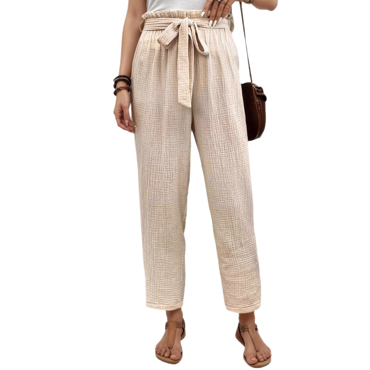 Women's Khaki Wide Leg Tie Pants | Rayon, Straight Fit