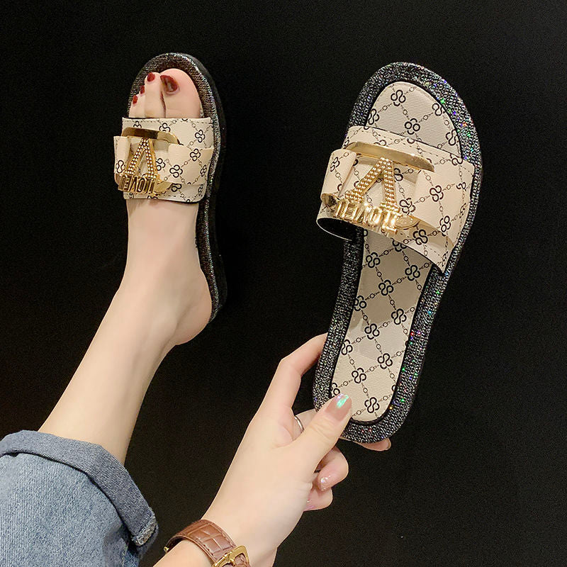 Women's Flat Flip Flop Sandals | Metal Letter Detail, 3 Colors