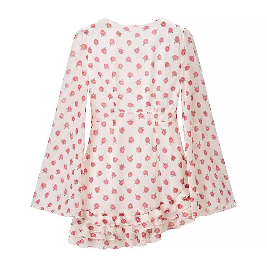 Women's Polka Dot V-Neck Mini Dress | Slim Fit, Long Sleeve, Pink