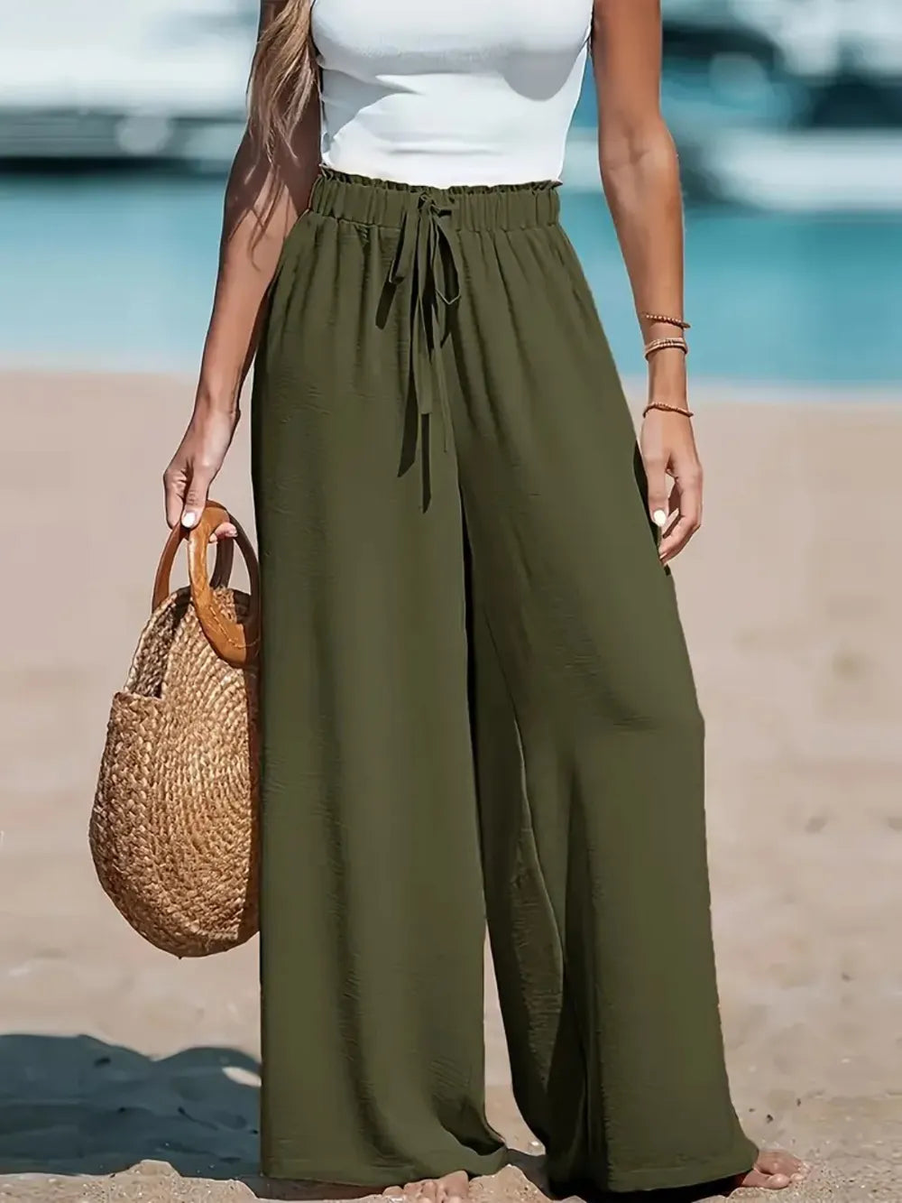 Women's Drawstring Wide Leg Pants in Moss | Opaque Polyester