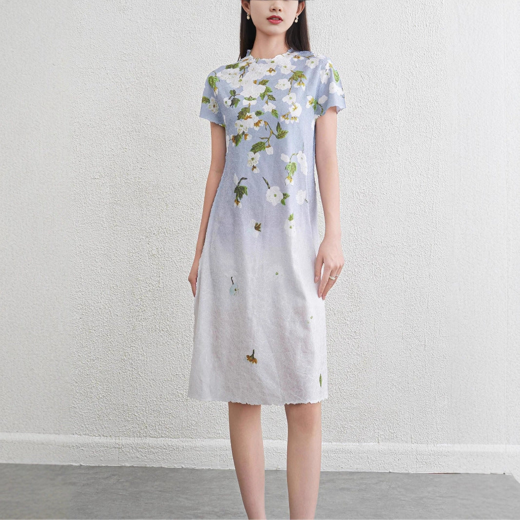 Women's Floral Pleated Midi Dress | Short Sleeve, Round Neck - Gray Blue