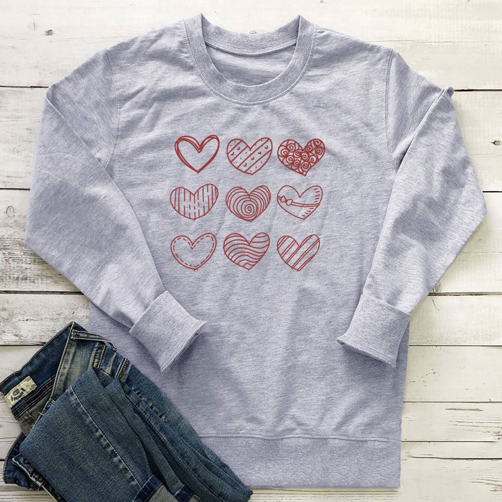 Women's Heart Print Cotton Sweatshirt | Loose Fit, Long Sleeve