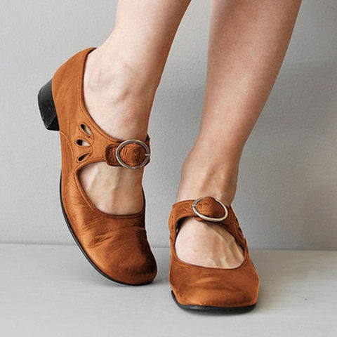 Women's Low Heel Buckle Shoes | Round Toe, PU Upper, 4 Colors