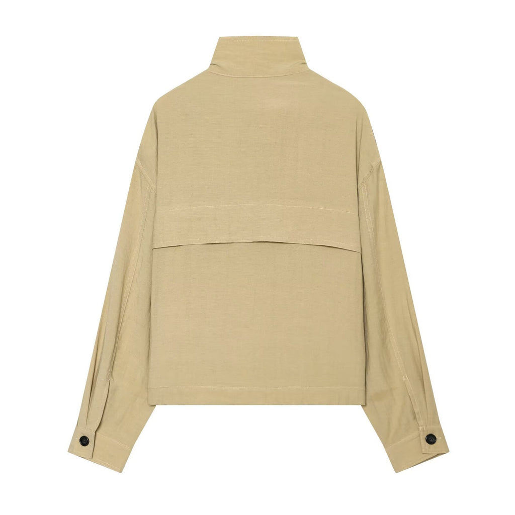 Women's Single-Breasted Pilot Jacket | Stand Collar, Khaki