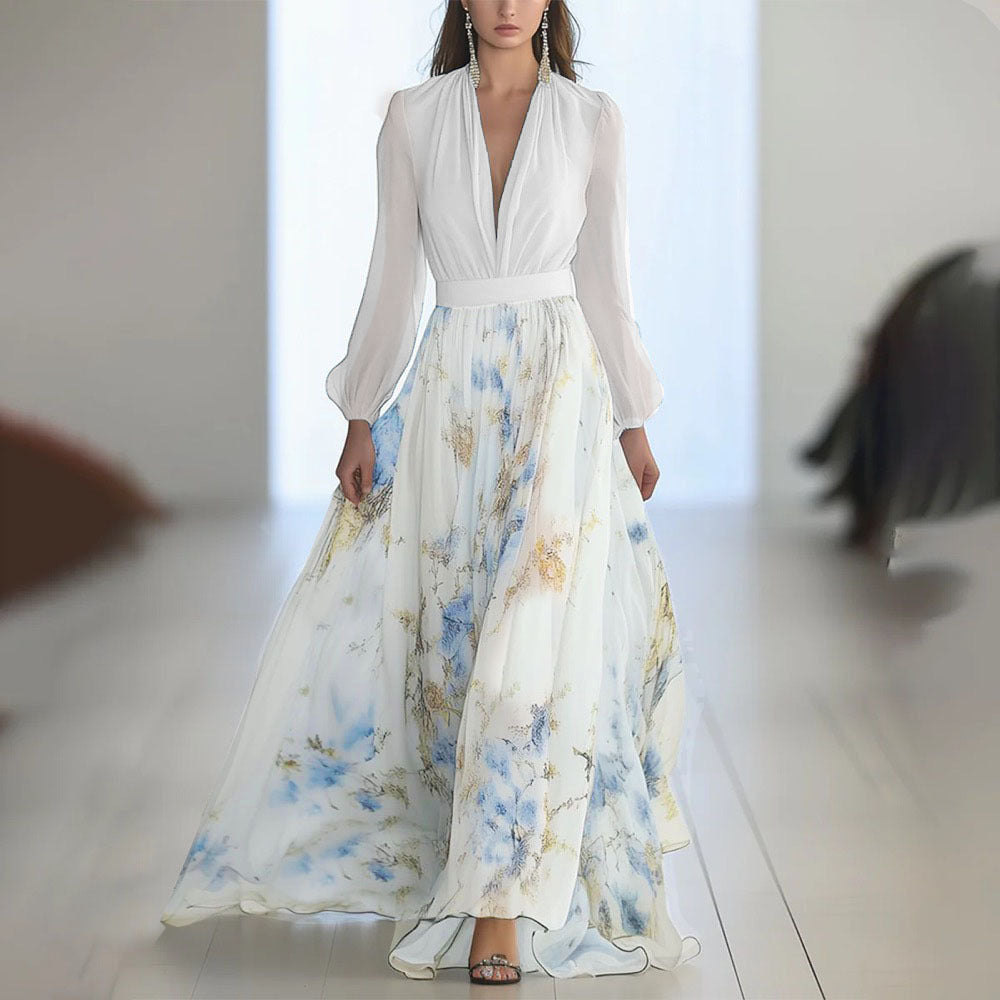 Women's Floral Print Long Sleeve Maxi Dress | A-Line, 10 Colors - White (Chiffon + Lining + Belt)