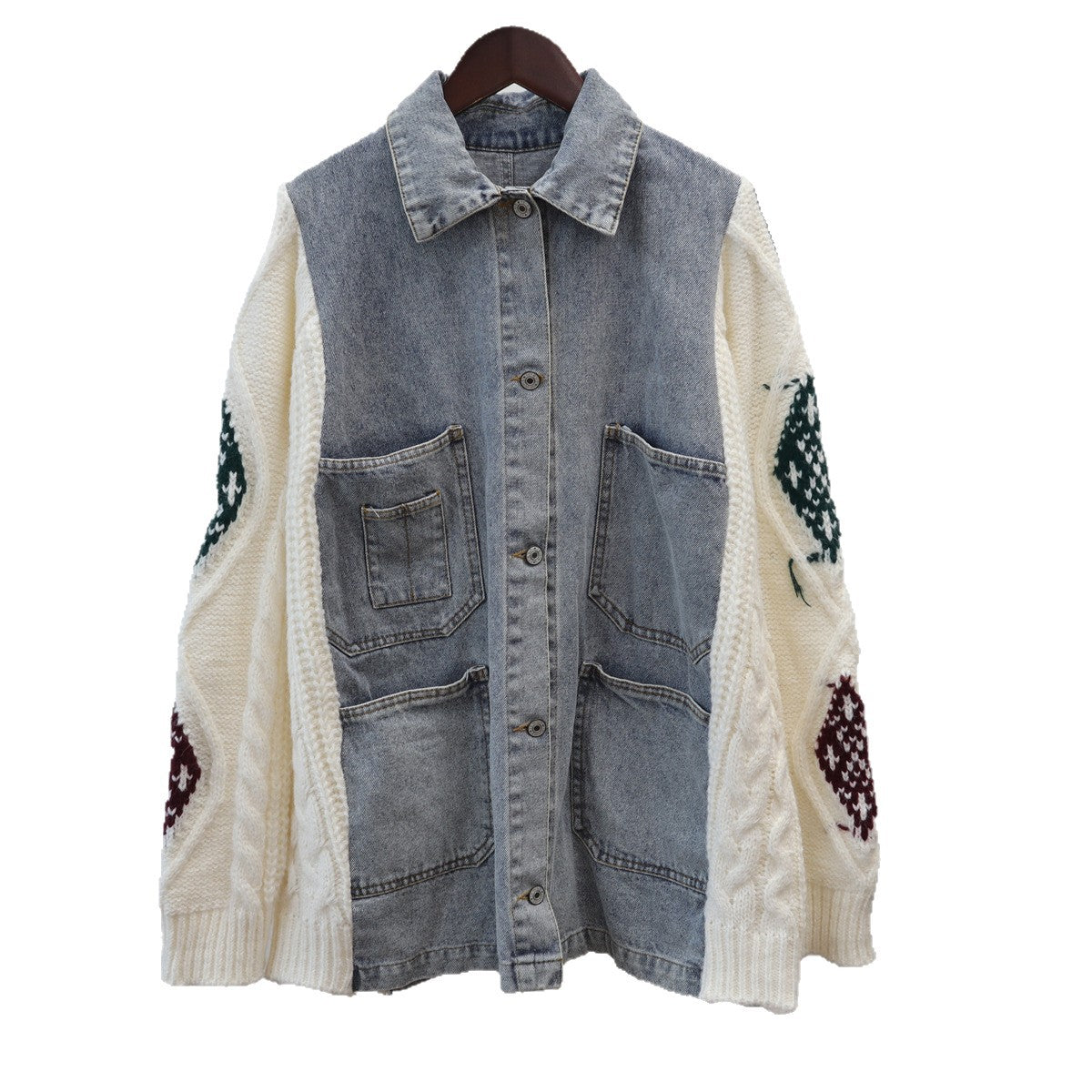 Women's Color Block Flip Collar Jacket | Loose Fit, One Size