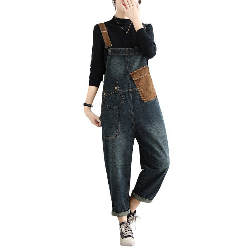 Women's Color Block Denim Overalls Jumpsuit | High Waist, Loose Fit
