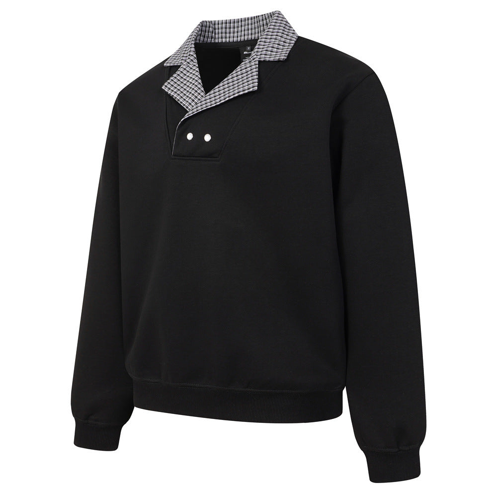 Faux Two-Piece Cross Collar Sweatshirt | Button Detail, Grid Pattern - Black