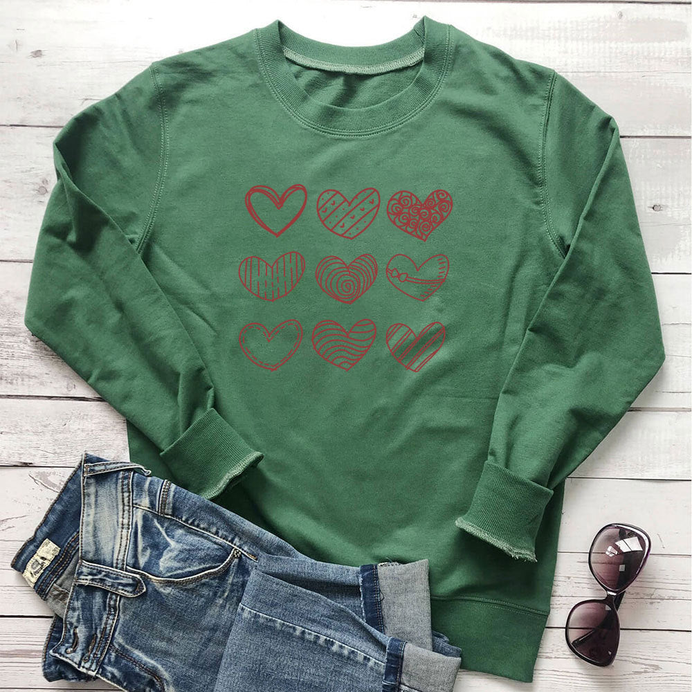 Women's Heart Print Cotton Sweatshirt | Loose Fit, Long Sleeve