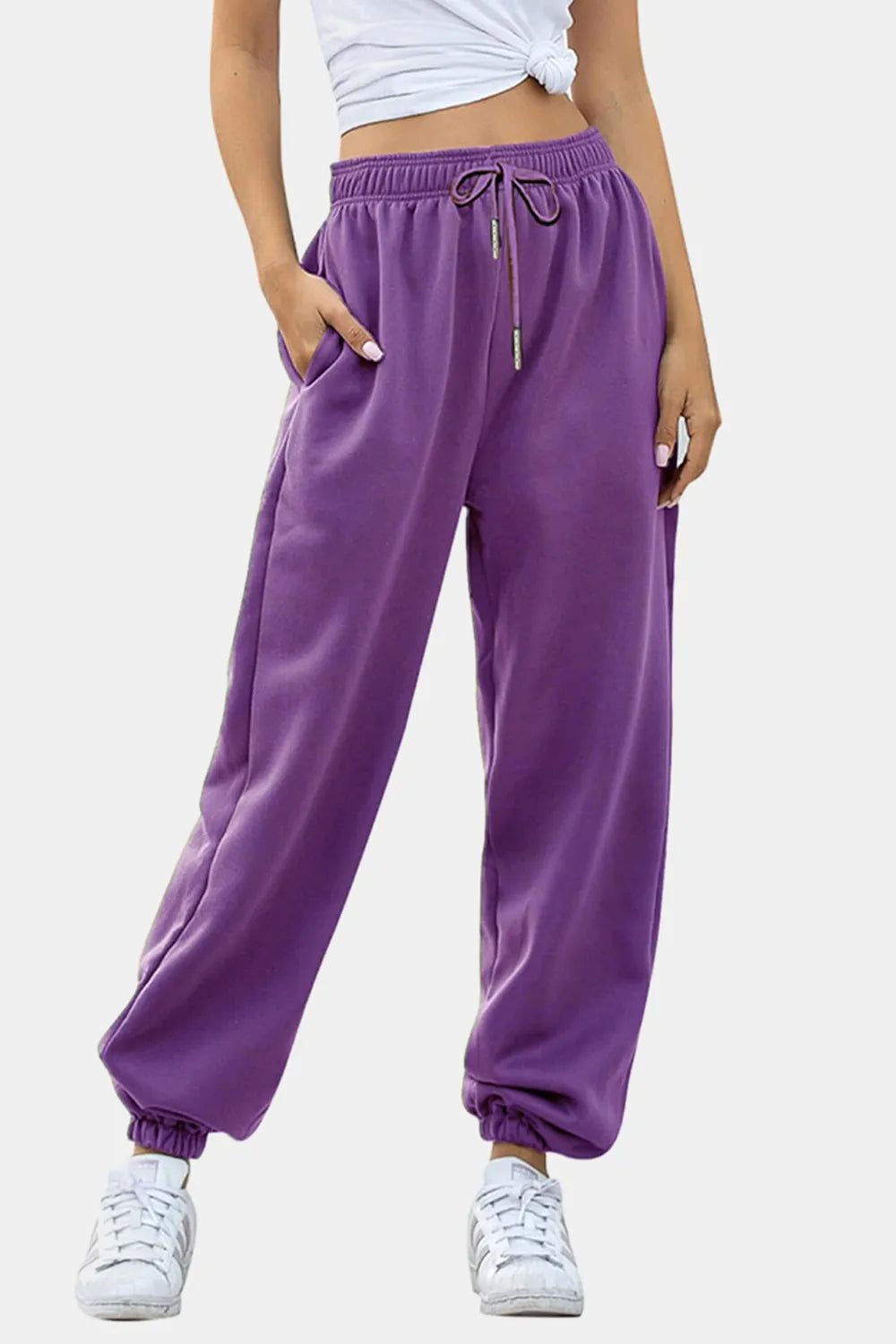 Women's High-Waist Drawstring Joggers | Pockets, Navy/Olive/Pink - Deep Red