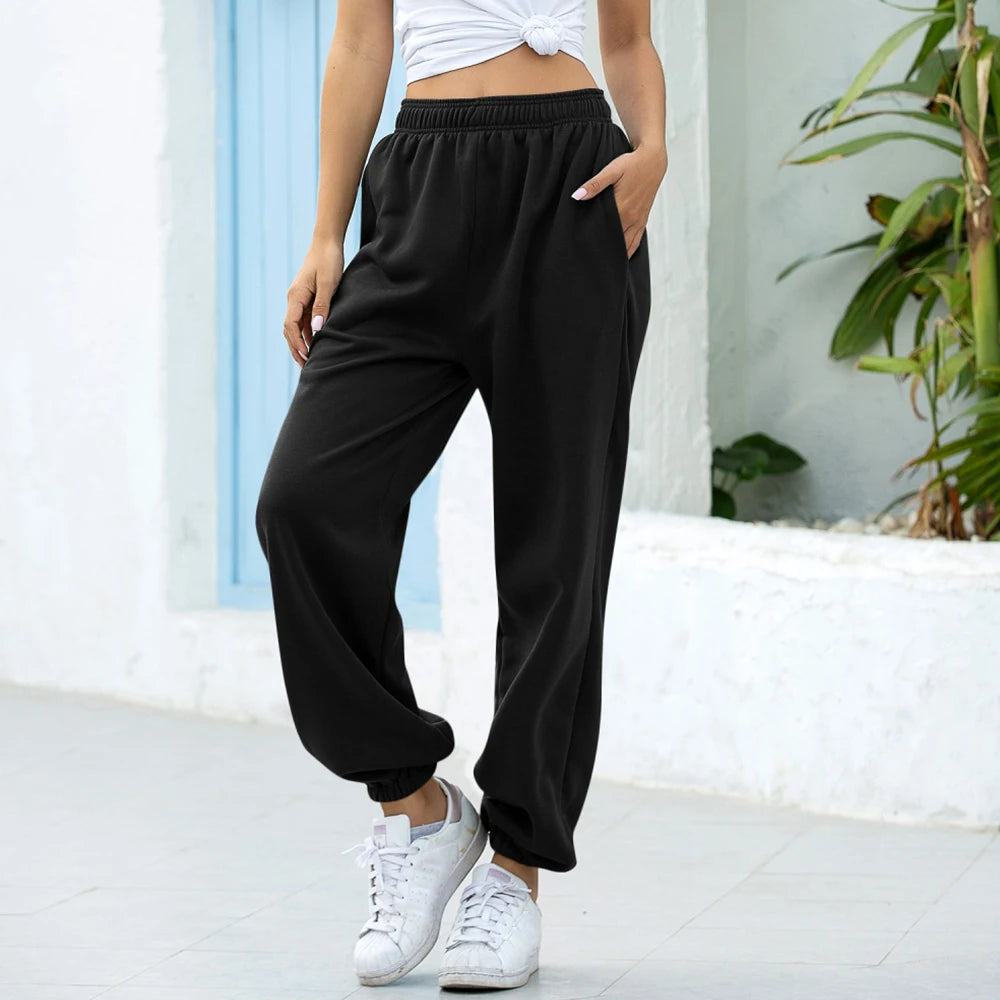Women's High Waist Wide Leg Sweatpants | Loose Joggers, Plus Size - Black