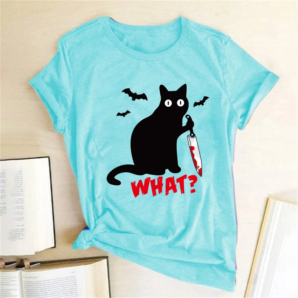 Black Cat "What?" Graphic T-Shirt | Funny Cotton Halloween Tee