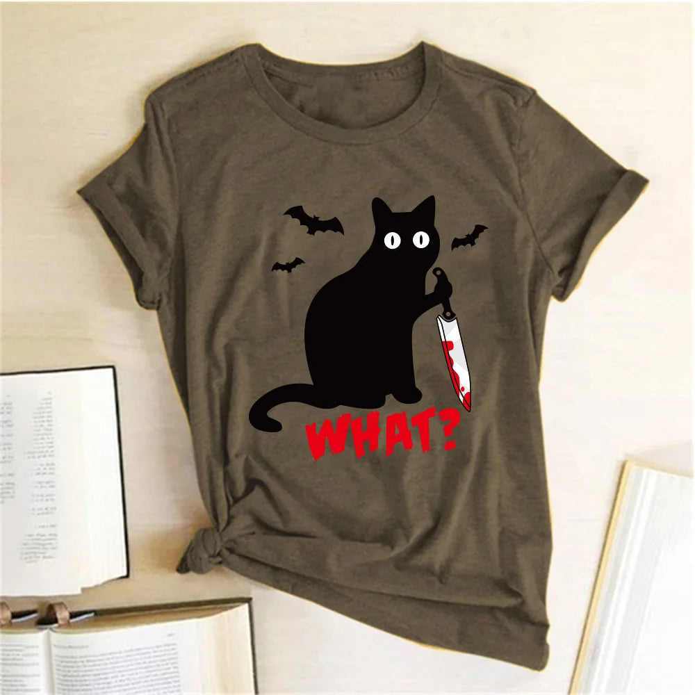 Black Cat "What?" Graphic T-Shirt | Funny Cotton Halloween Tee