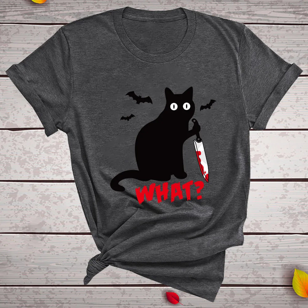 Black Cat "What?" Graphic T-Shirt | Funny Cotton Halloween Tee