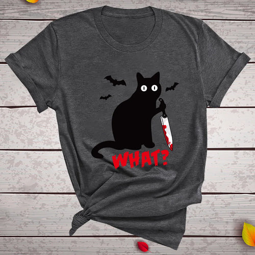 Black Cat "What?" Graphic T-Shirt | Funny Cotton Halloween Tee
