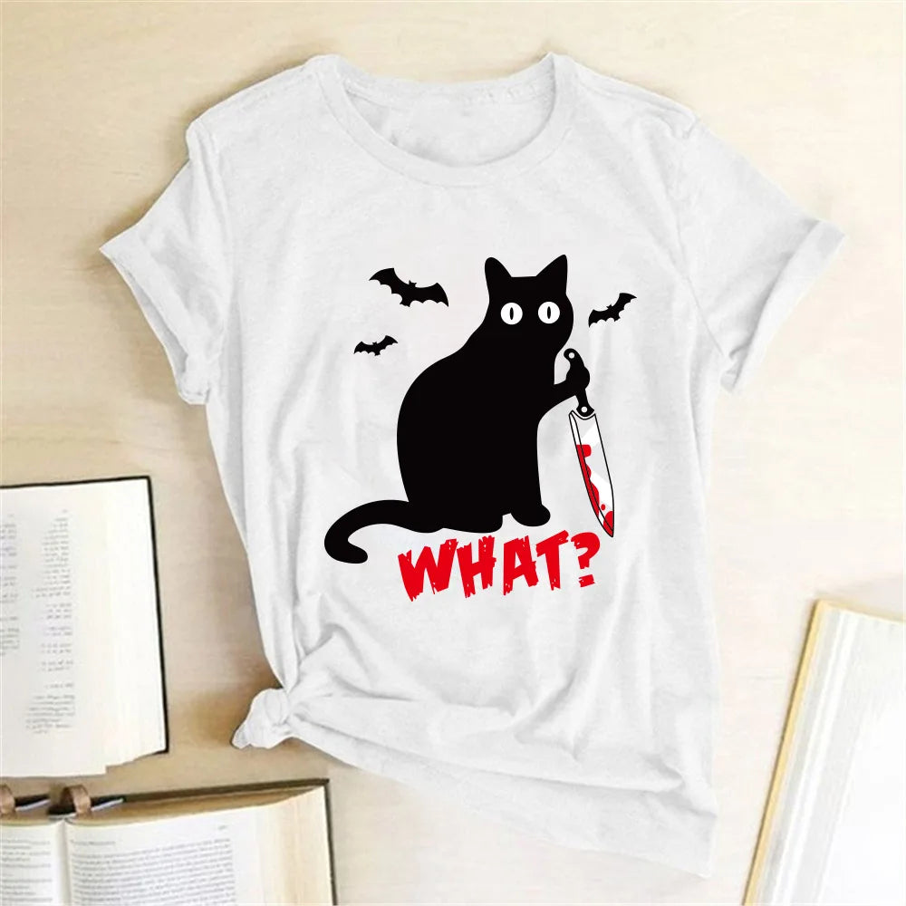 Black Cat "What?" Graphic T-Shirt | Funny Cotton Halloween Tee