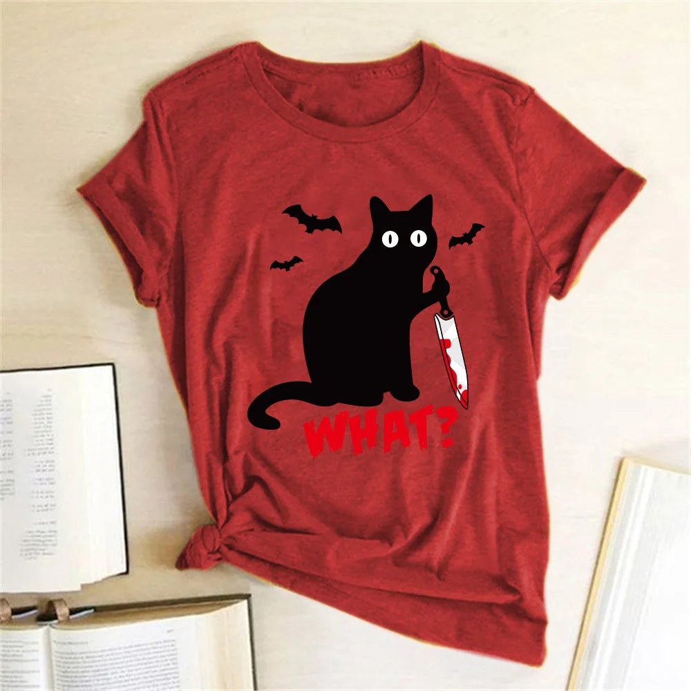 Black Cat "What?" Graphic T-Shirt | Funny Cotton Halloween Tee