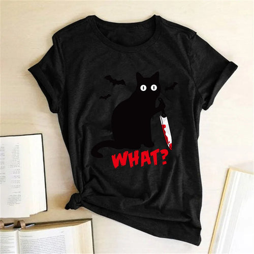 Black Cat "What?" Graphic T-Shirt | Funny Cotton Halloween Tee