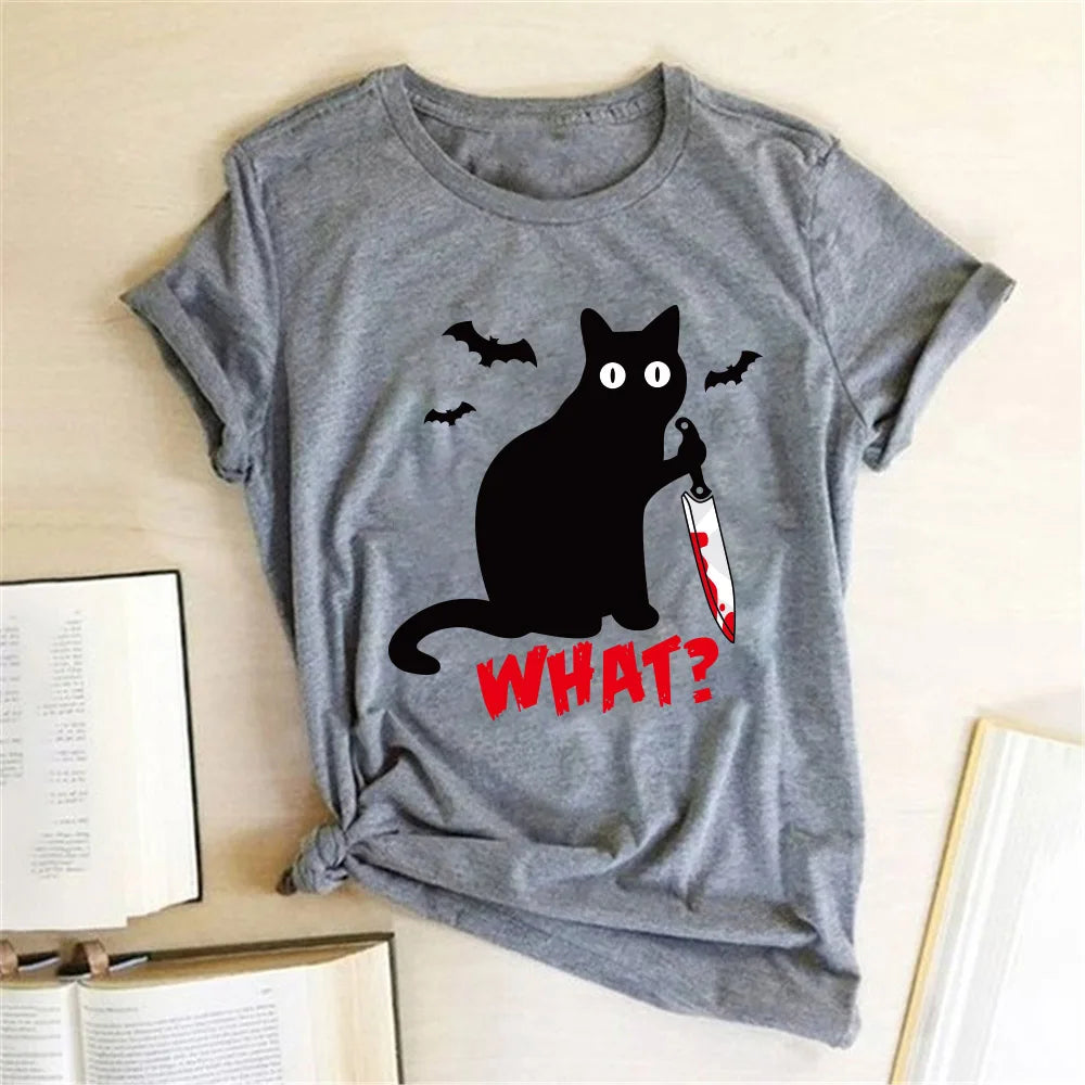Black Cat "What?" Graphic T-Shirt | Funny Cotton Halloween Tee