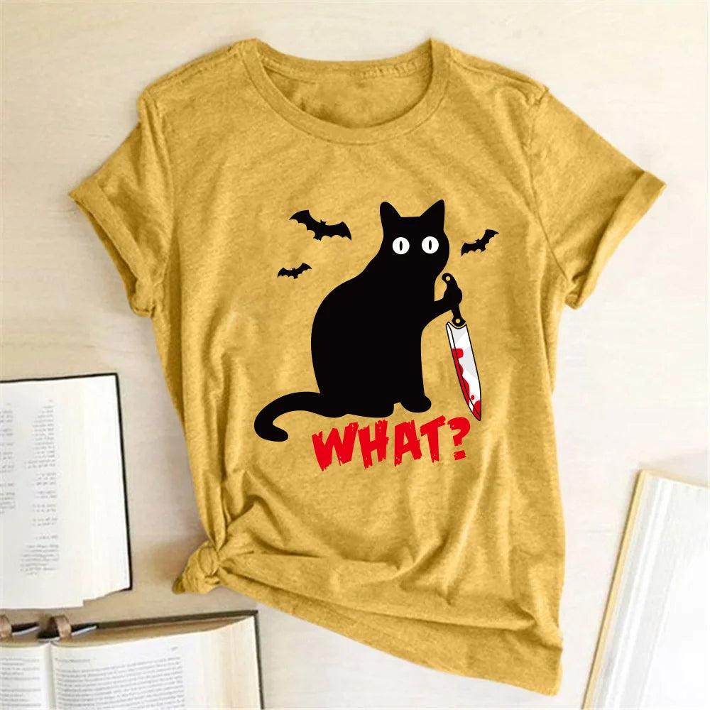 Black Cat "What?" Graphic T-Shirt | Funny Cotton Halloween Tee