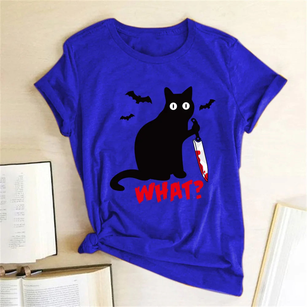 Black Cat "What?" Graphic T-Shirt | Funny Cotton Halloween Tee