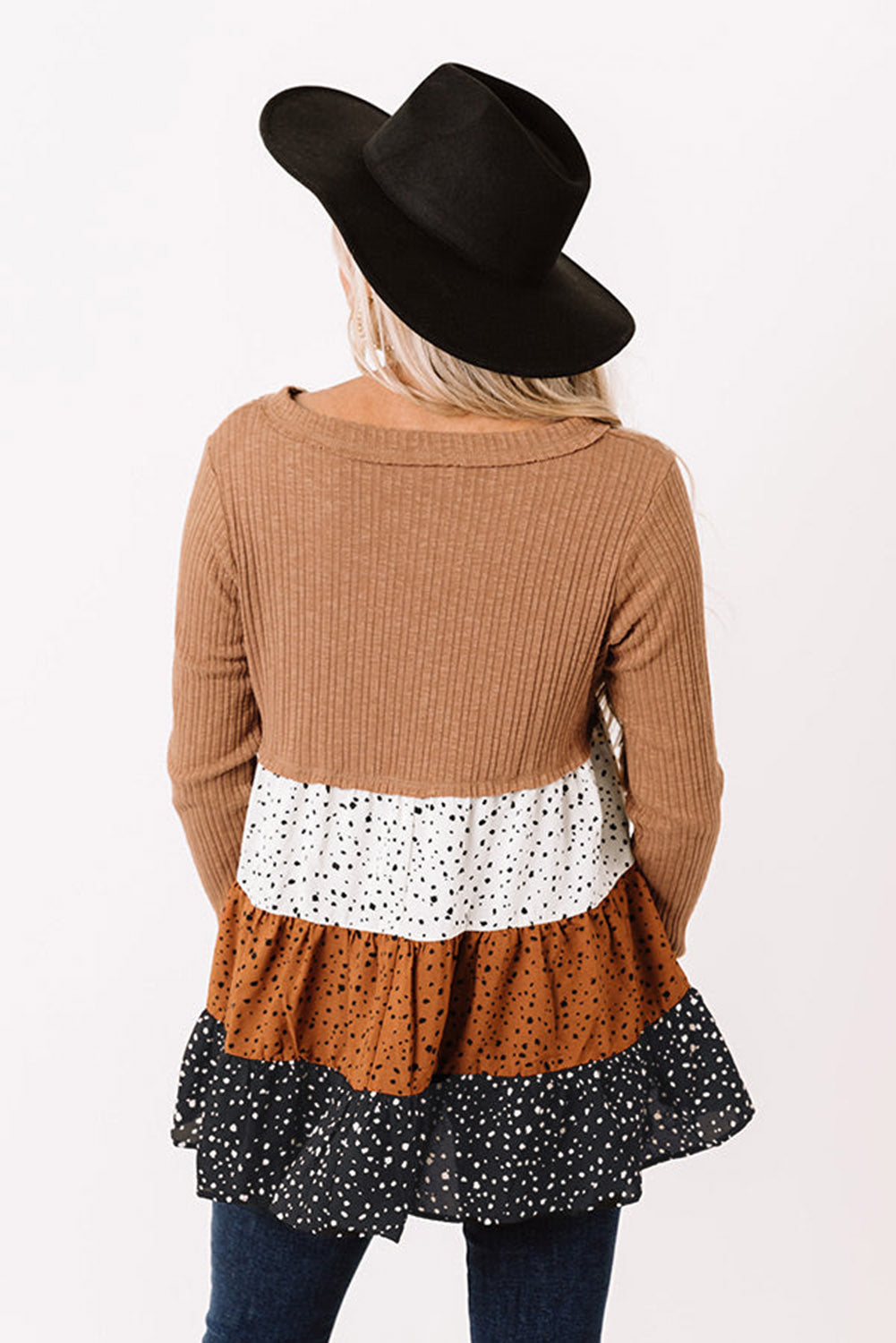 Women's Brown Tiered Ruffle Top | Ribbed Long-Sleeve Flowy Blouse