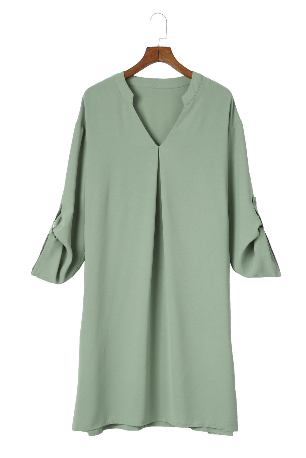 Women's Green Roll-Tab Sleeve Dress | Notched V-Neck, Flowy